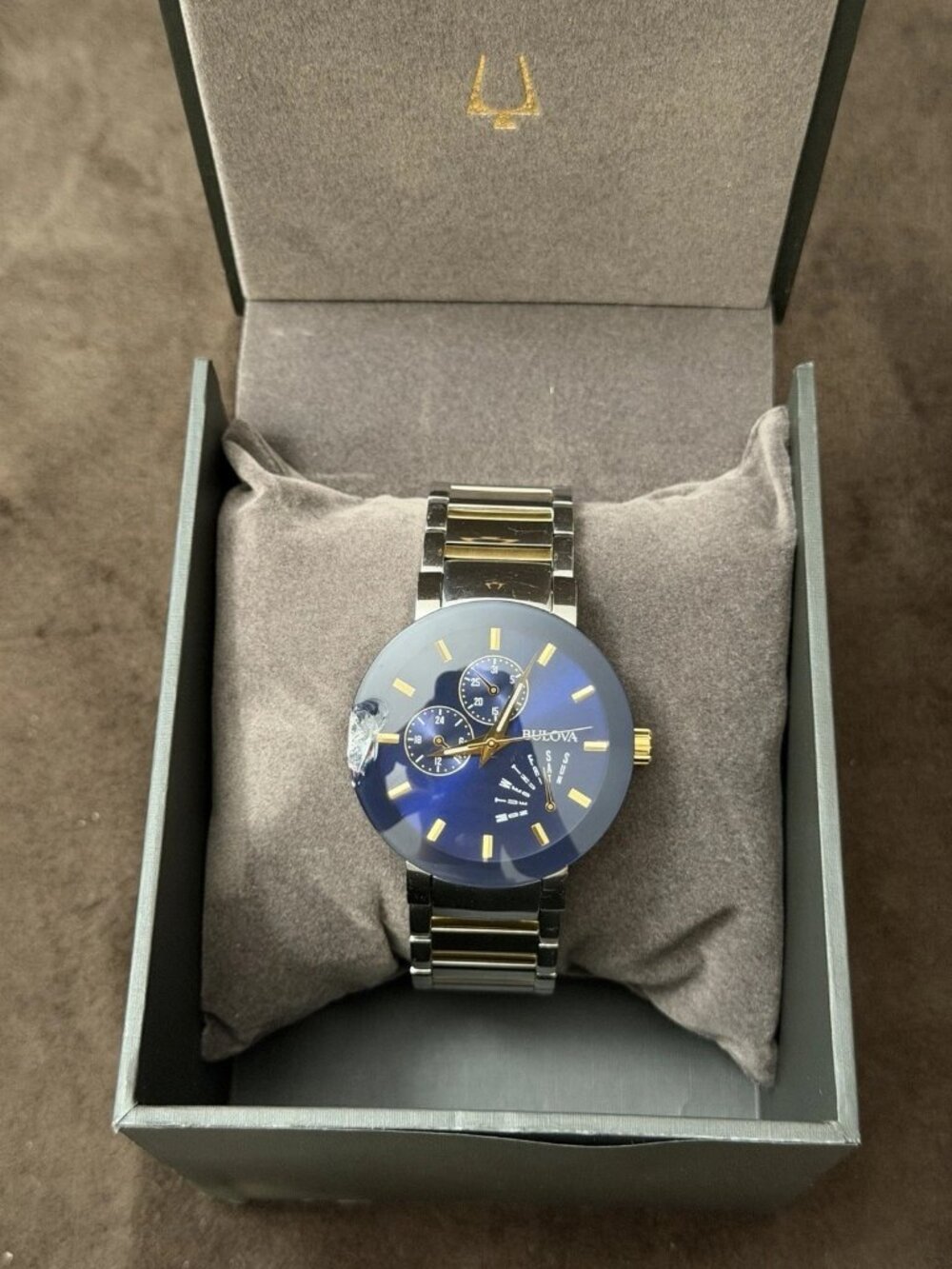 Bulova SS Men's Quartz Multi-Dial Watch Blue Dial Two-Tone Bracelet w/ Box